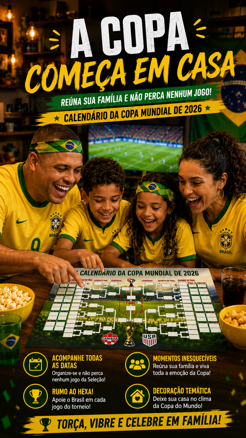 Família reunida ao redor de calendário da Copa do Mundo 2026.