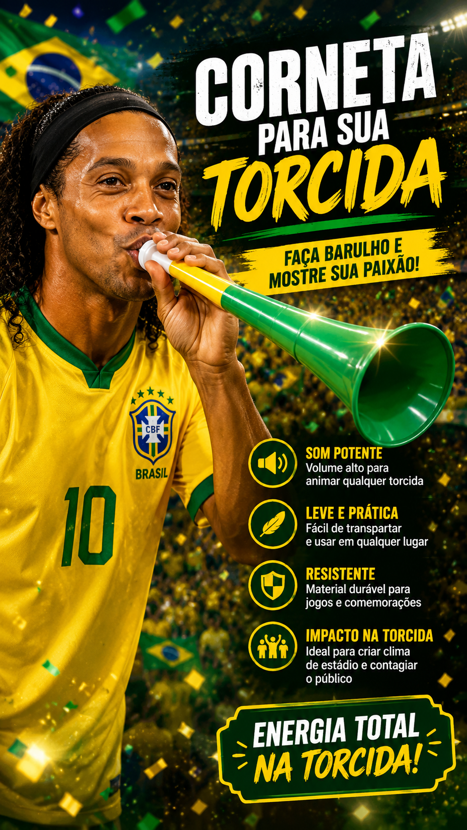 Corneta temática do Brasil em campanha vibrante.