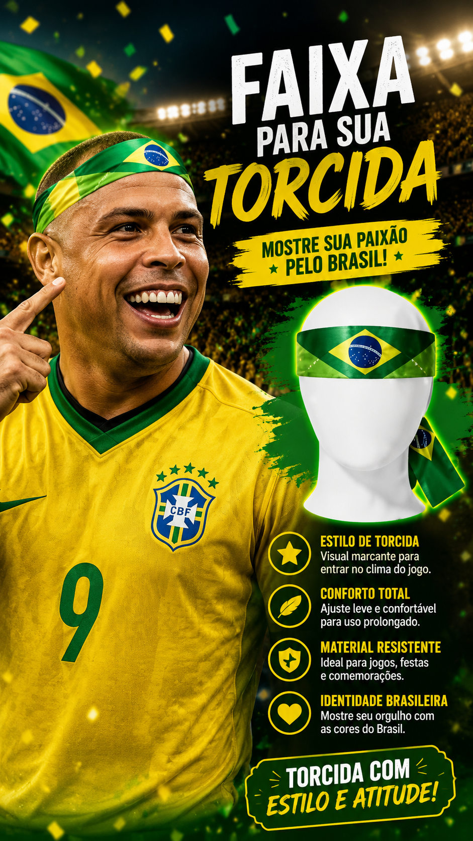 Faixa verde e amarela de torcida em destaque.