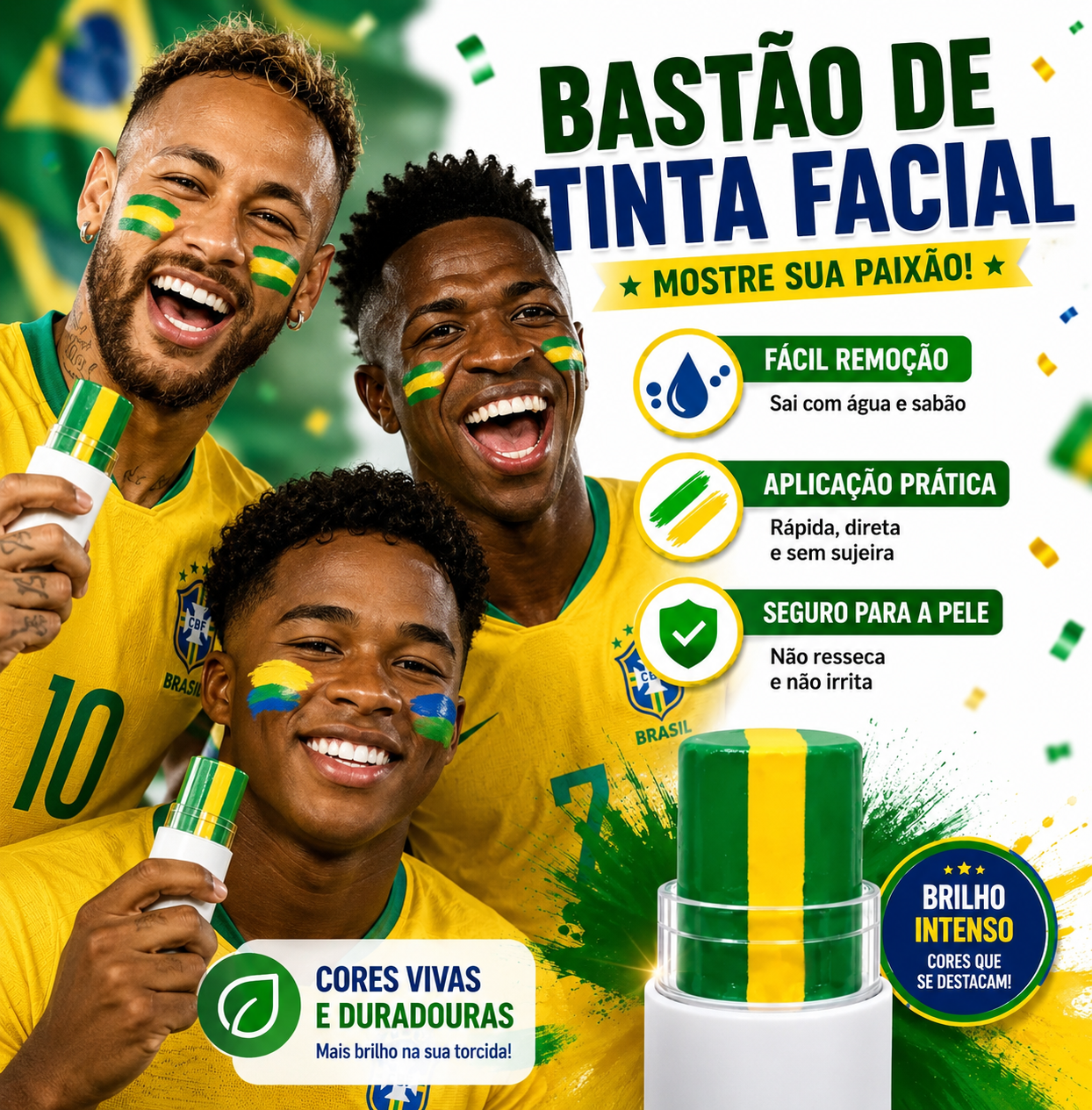 Bastão de tinta facial Brasil em apresentação vibrante.