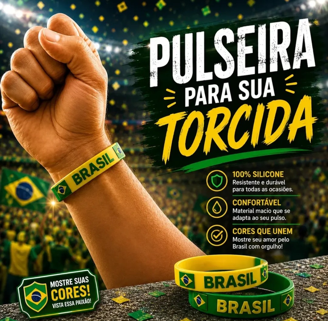 Pulseiras do Brasil em ambiente de torcida.