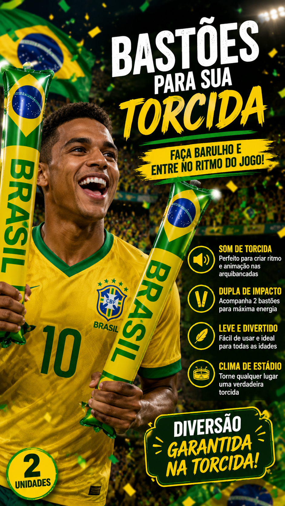 Bastões infláveis do Brasil exibidos por torcedor sorrindo.