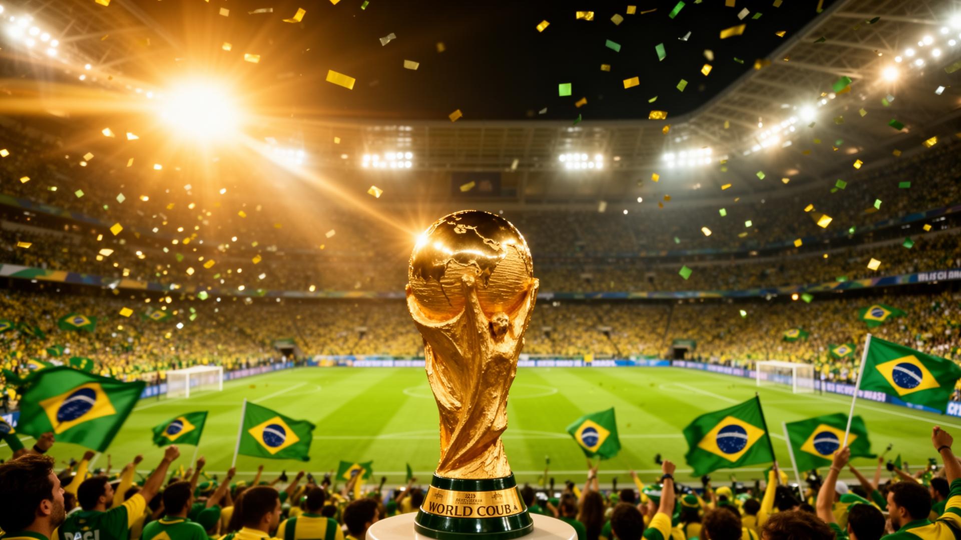 Estádio lotado durante a Copa Mundial 2026 com torcedores brasileiros.